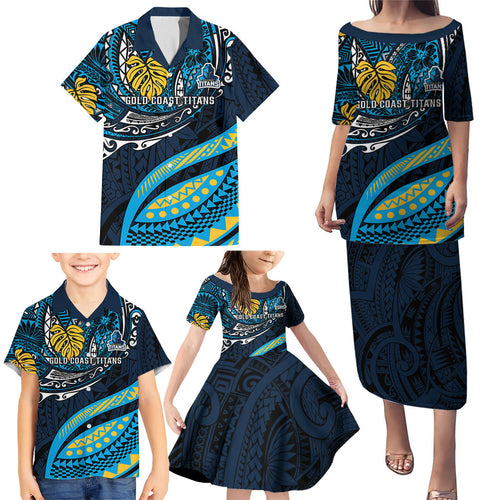 Personalised Gold Coast Titans Family Matching Puletasi and Hawaiian Shirt Polynesian Tribal Art Style With Spartan Titan Mascot