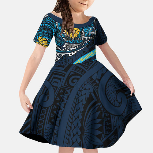 Personalised Gold Coast Titans Family Matching Puletasi and Hawaiian Shirt Polynesian Tribal Art Style With Spartan Titan Mascot
