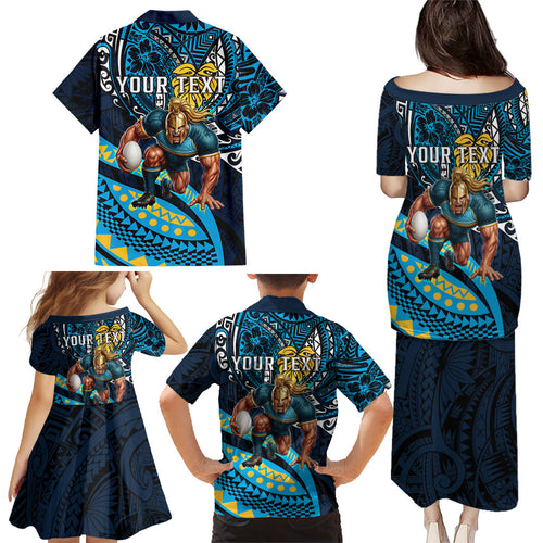 Personalised Gold Coast Titans Family Matching Puletasi and Hawaiian Shirt Polynesian Tribal Art Style With Spartan Titan Mascot