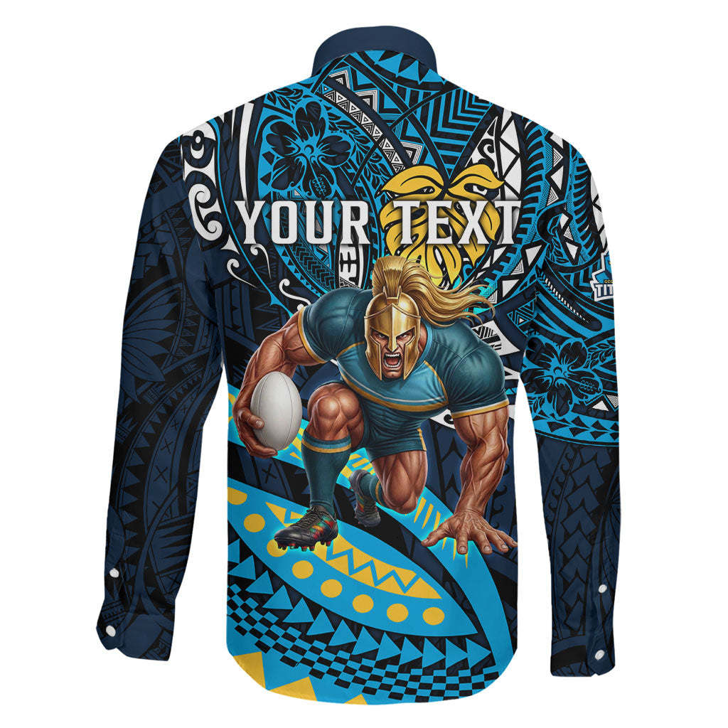 Personalised Gold Coast Titans Family Matching Puletasi and Hawaiian Shirt Polynesian Tribal Art Style With Spartan Titan Mascot