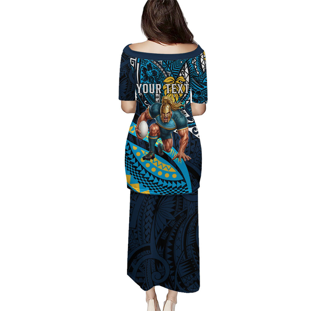 Personalised Gold Coast Titans Family Matching Puletasi and Hawaiian Shirt Polynesian Tribal Art Style With Spartan Titan Mascot