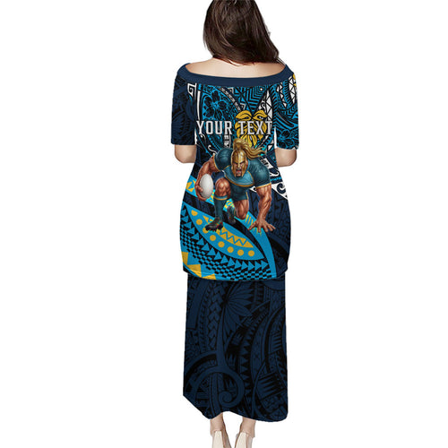 Personalised Gold Coast Titans Family Matching Puletasi and Hawaiian Shirt Polynesian Tribal Art Style With Spartan Titan Mascot