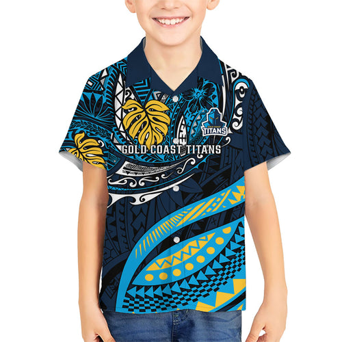Personalised Gold Coast Titans Family Matching Puletasi and Hawaiian Shirt Polynesian Tribal Art Style With Spartan Titan Mascot