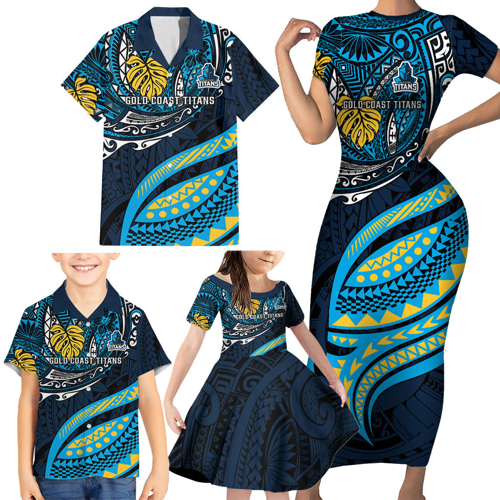 Personalised Gold Coast Titans Family Matching Short Sleeve Bodycon Dress and Hawaiian Shirt Polynesian Tribal Art Style With Spartan Titan Mascot