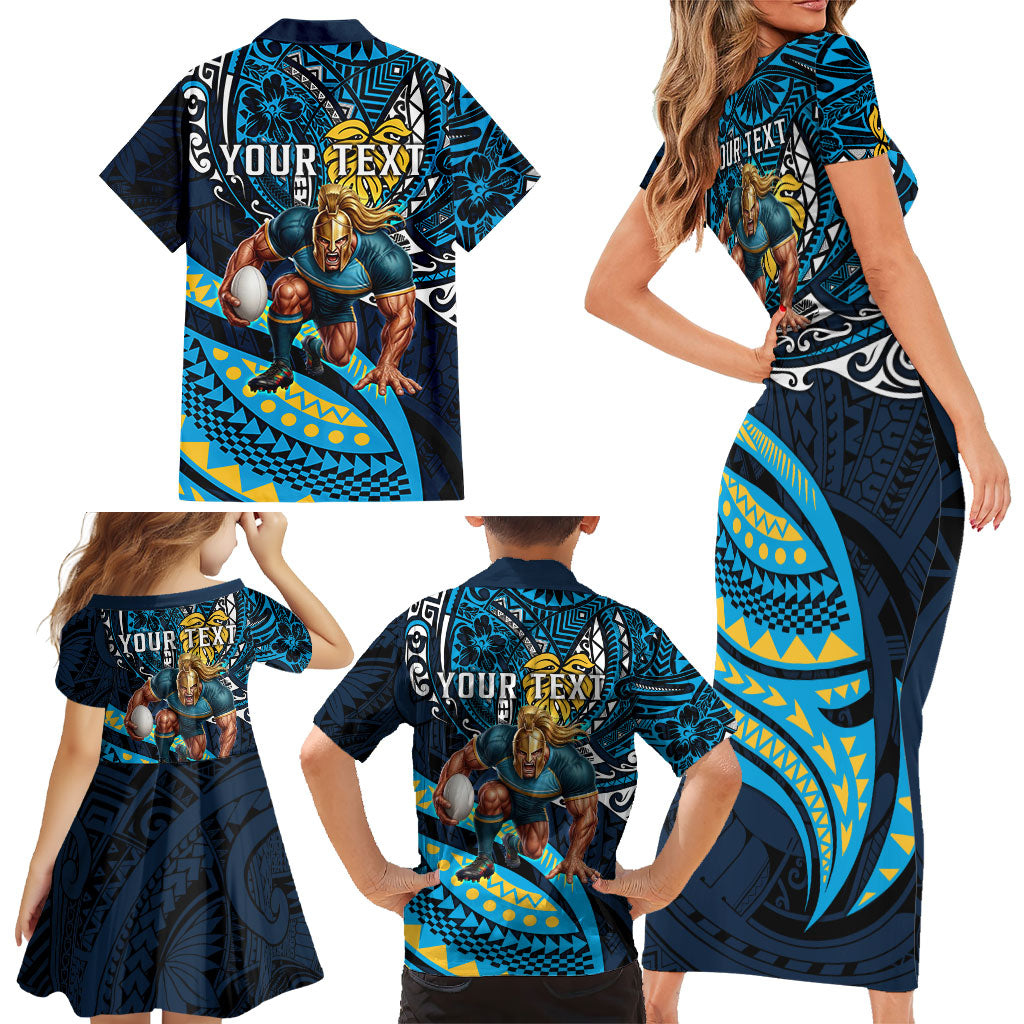 Personalised Gold Coast Titans Family Matching Short Sleeve Bodycon Dress and Hawaiian Shirt Polynesian Tribal Art Style With Spartan Titan Mascot