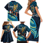Personalised Gold Coast Titans Family Matching Short Sleeve Bodycon Dress and Hawaiian Shirt Polynesian Tribal Art Style With Spartan Titan Mascot