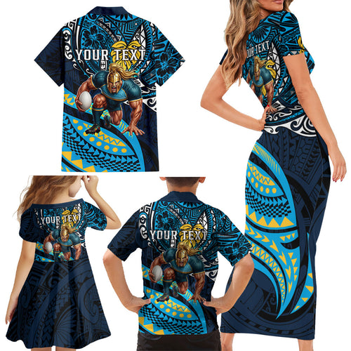 Personalised Gold Coast Titans Family Matching Short Sleeve Bodycon Dress and Hawaiian Shirt Polynesian Tribal Art Style With Spartan Titan Mascot