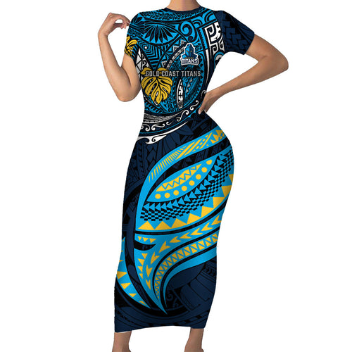 Personalised Gold Coast Titans Family Matching Short Sleeve Bodycon Dress and Hawaiian Shirt Polynesian Tribal Art Style With Spartan Titan Mascot
