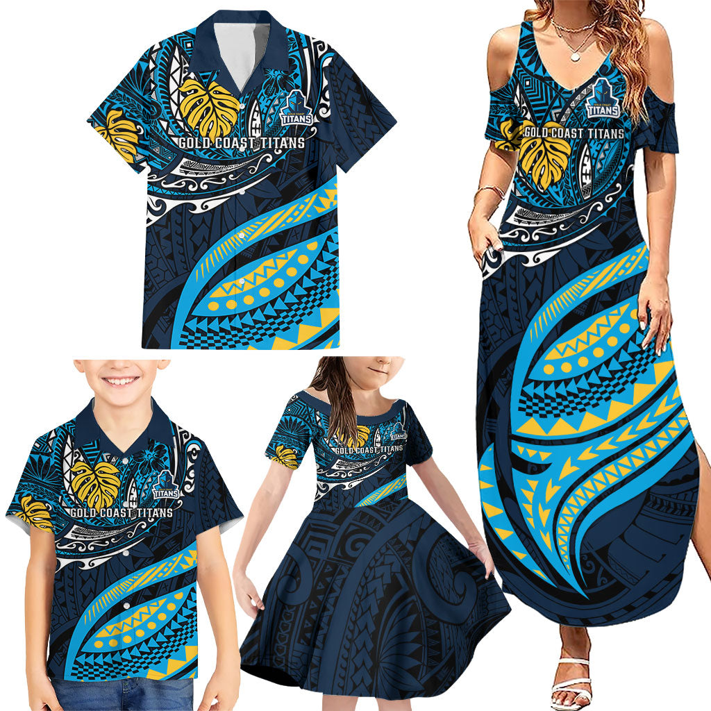 Personalised Gold Coast Titans Family Matching Summer Maxi Dress and Hawaiian Shirt Polynesian Tribal Art Style With Spartan Titan Mascot