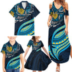 Personalised Gold Coast Titans Family Matching Summer Maxi Dress and Hawaiian Shirt Polynesian Tribal Art Style With Spartan Titan Mascot