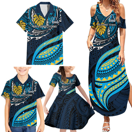 Personalised Gold Coast Titans Family Matching Summer Maxi Dress and Hawaiian Shirt Polynesian Tribal Art Style With Spartan Titan Mascot
