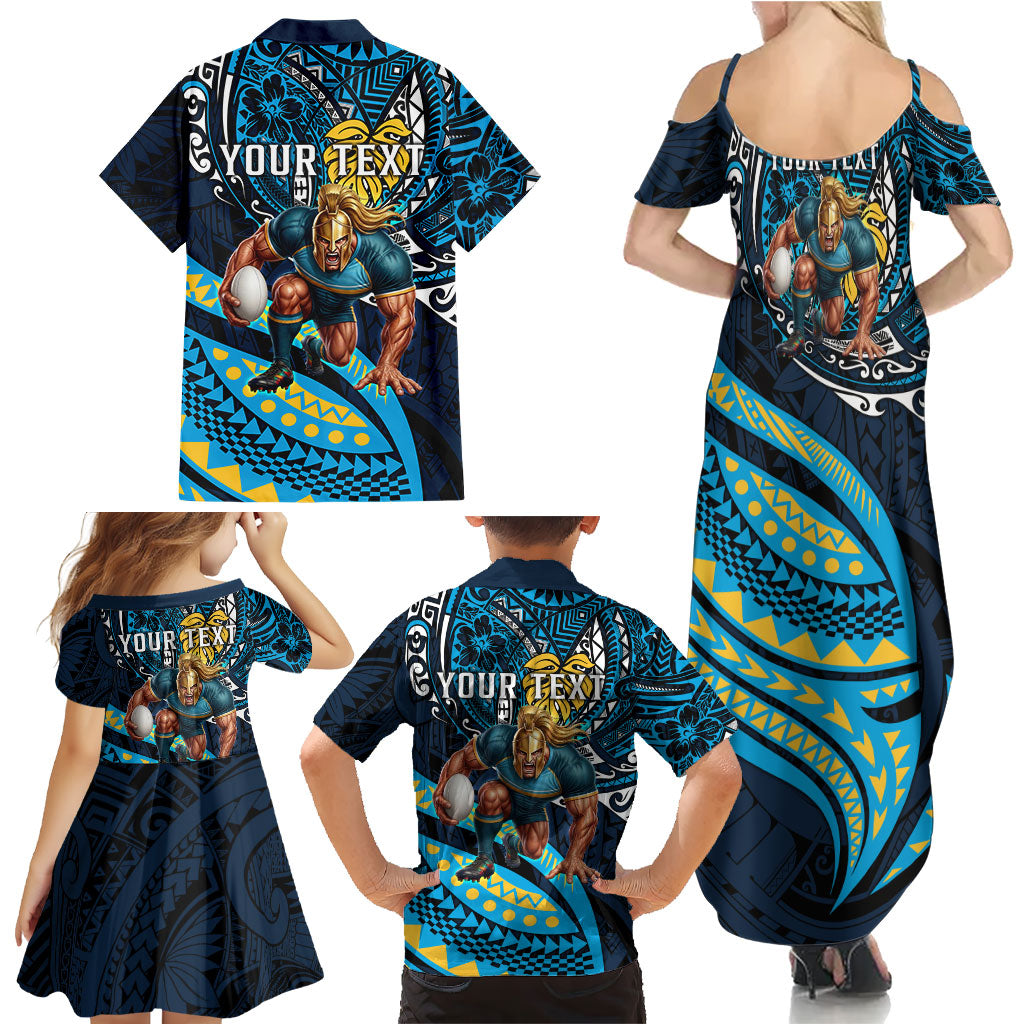 Personalised Gold Coast Titans Family Matching Summer Maxi Dress and Hawaiian Shirt Polynesian Tribal Art Style With Spartan Titan Mascot