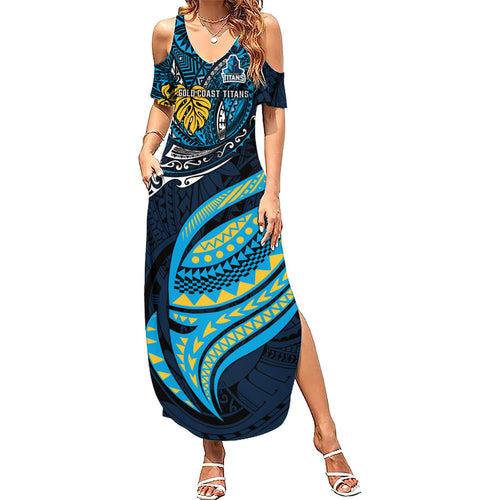 Personalised Gold Coast Titans Family Matching Summer Maxi Dress and Hawaiian Shirt Polynesian Tribal Art Style With Spartan Titan Mascot