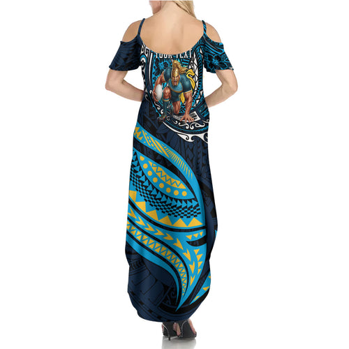Personalised Gold Coast Titans Family Matching Summer Maxi Dress and Hawaiian Shirt Polynesian Tribal Art Style With Spartan Titan Mascot