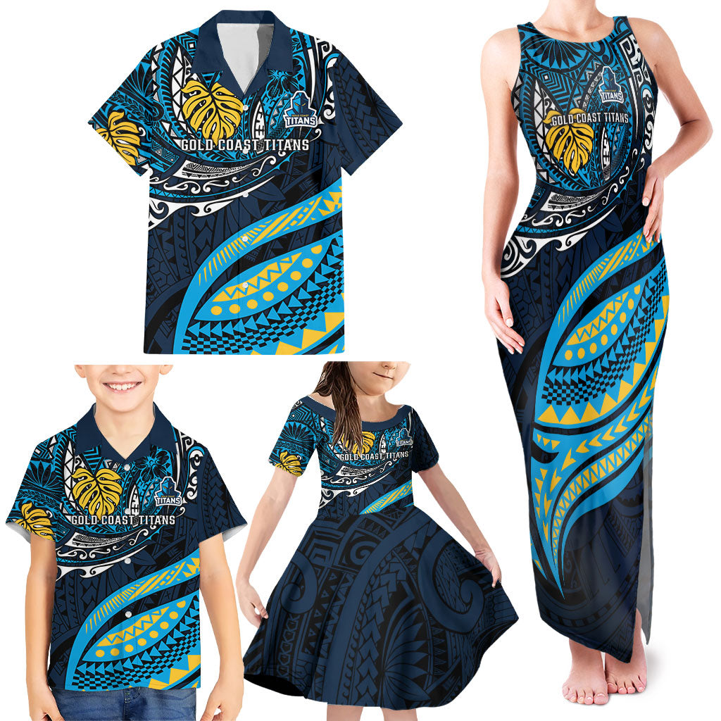 Personalised Gold Coast Titans Family Matching Tank Maxi Dress and Hawaiian Shirt Polynesian Tribal Art Style With Spartan Titan Mascot