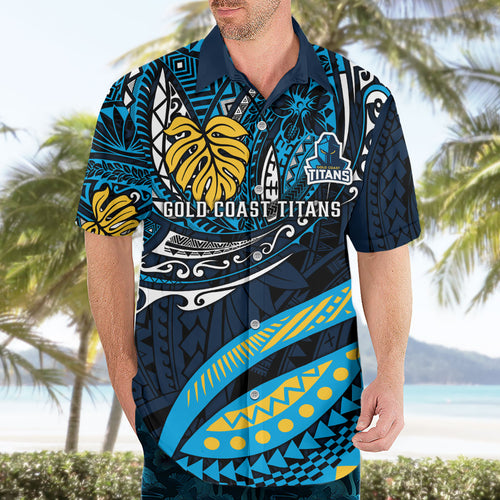Personalised Gold Coast Titans Hawaiian Shirt Polynesian Tribal Art Style With Spartan Titan Mascot