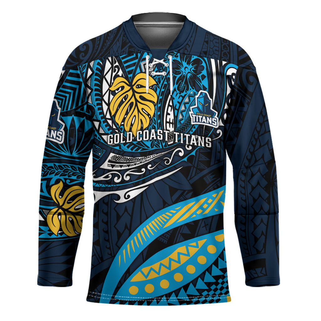 Personalised Gold Coast Titans Hockey Jersey Polynesian Tribal Art Style With Spartan Titan Mascot