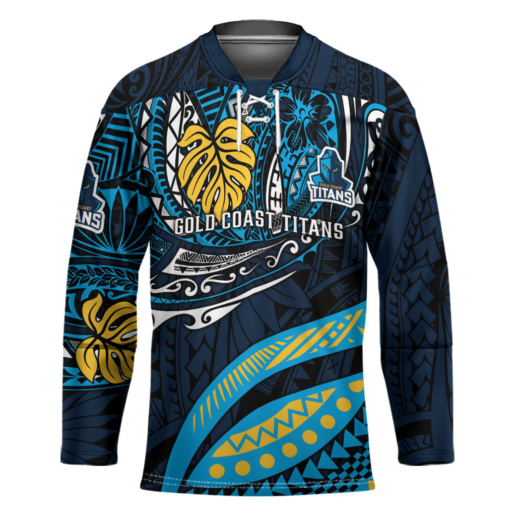 Personalised Gold Coast Titans Hockey Jersey Polynesian Tribal Art Style With Spartan Titan Mascot