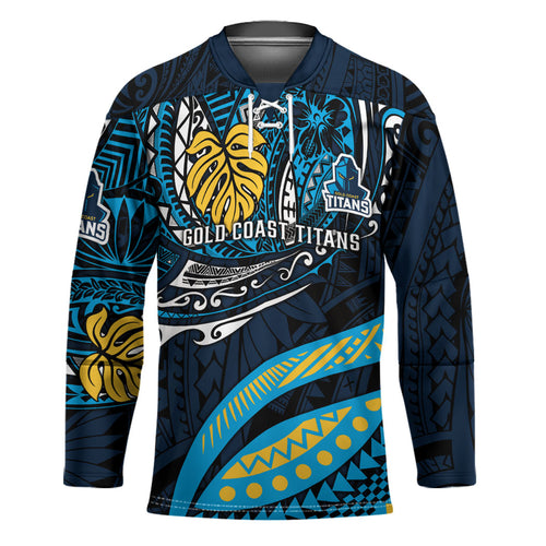 Personalised Gold Coast Titans Hockey Jersey Polynesian Tribal Art Style With Spartan Titan Mascot