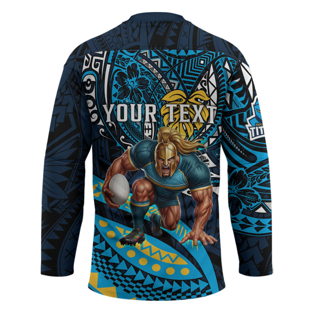 Personalised Gold Coast Titans Hockey Jersey Polynesian Tribal Art Style With Spartan Titan Mascot