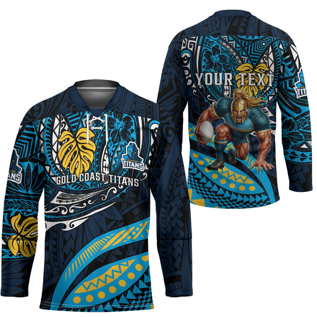 Personalised Gold Coast Titans Hockey Jersey Polynesian Tribal Art Style With Spartan Titan Mascot
