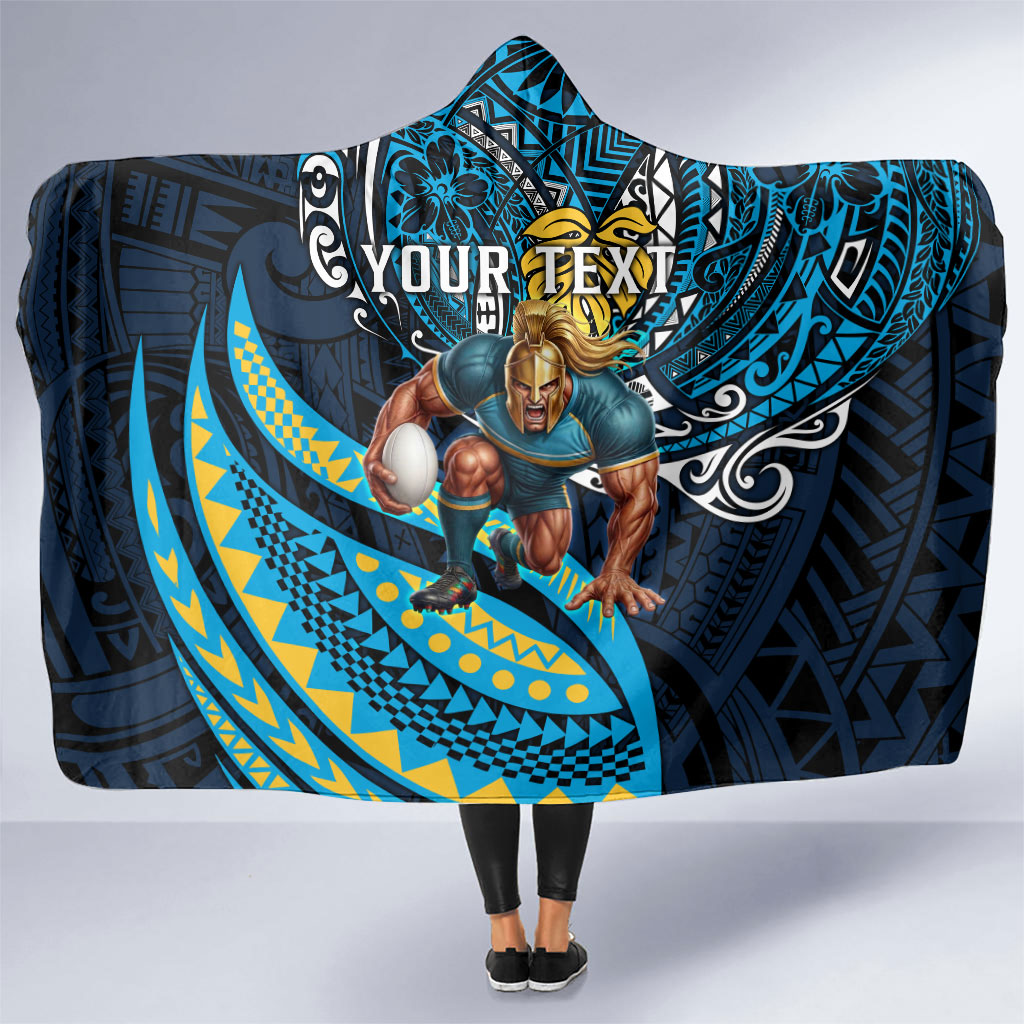 Personalised Gold Coast Titans Hooded Blanket Polynesian Tribal Art Style With Spartan Titan Mascot
