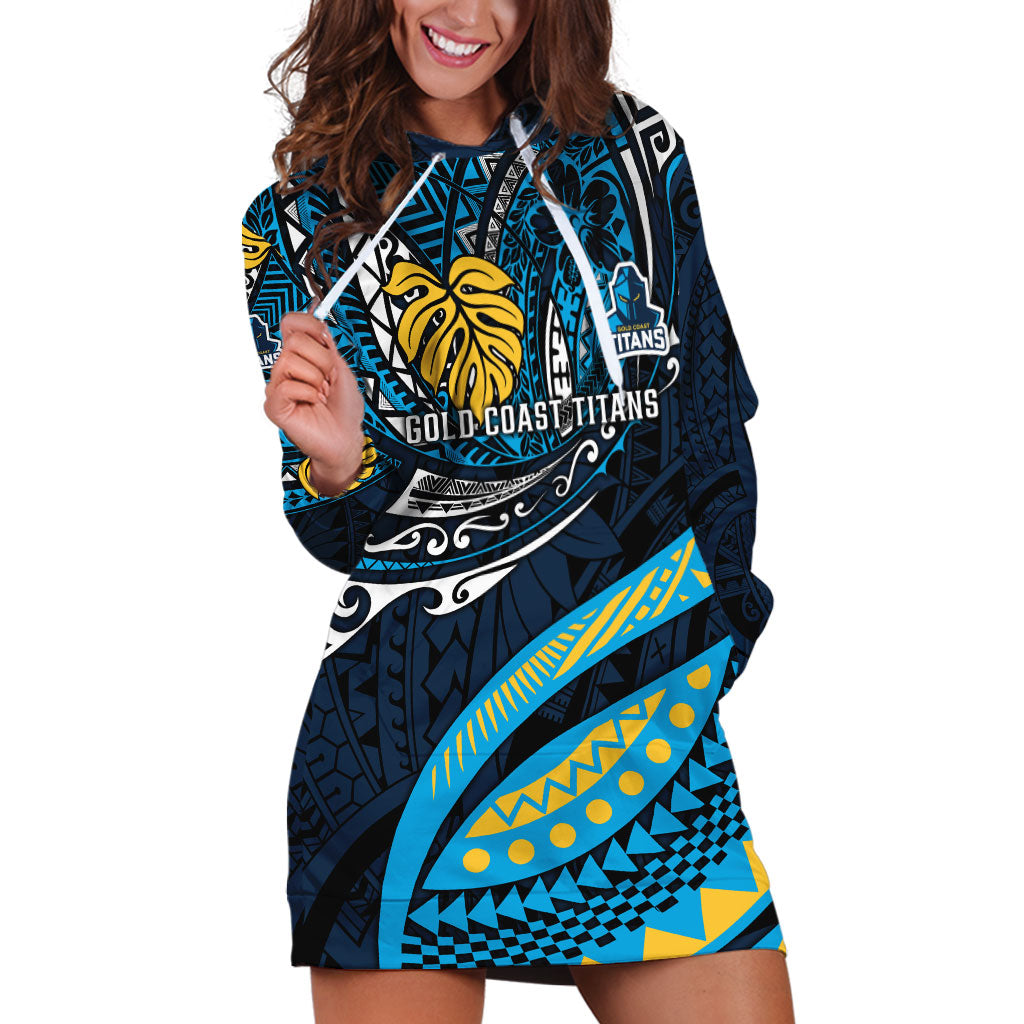 Personalised Gold Coast Titans Hoodie Dress Polynesian Tribal Art Style With Spartan Titan Mascot