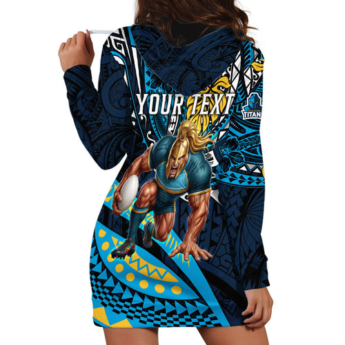 Personalised Gold Coast Titans Hoodie Dress Polynesian Tribal Art Style With Spartan Titan Mascot
