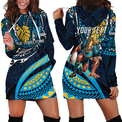 Personalised Gold Coast Titans Hoodie Dress Polynesian Tribal Art Style With Spartan Titan Mascot