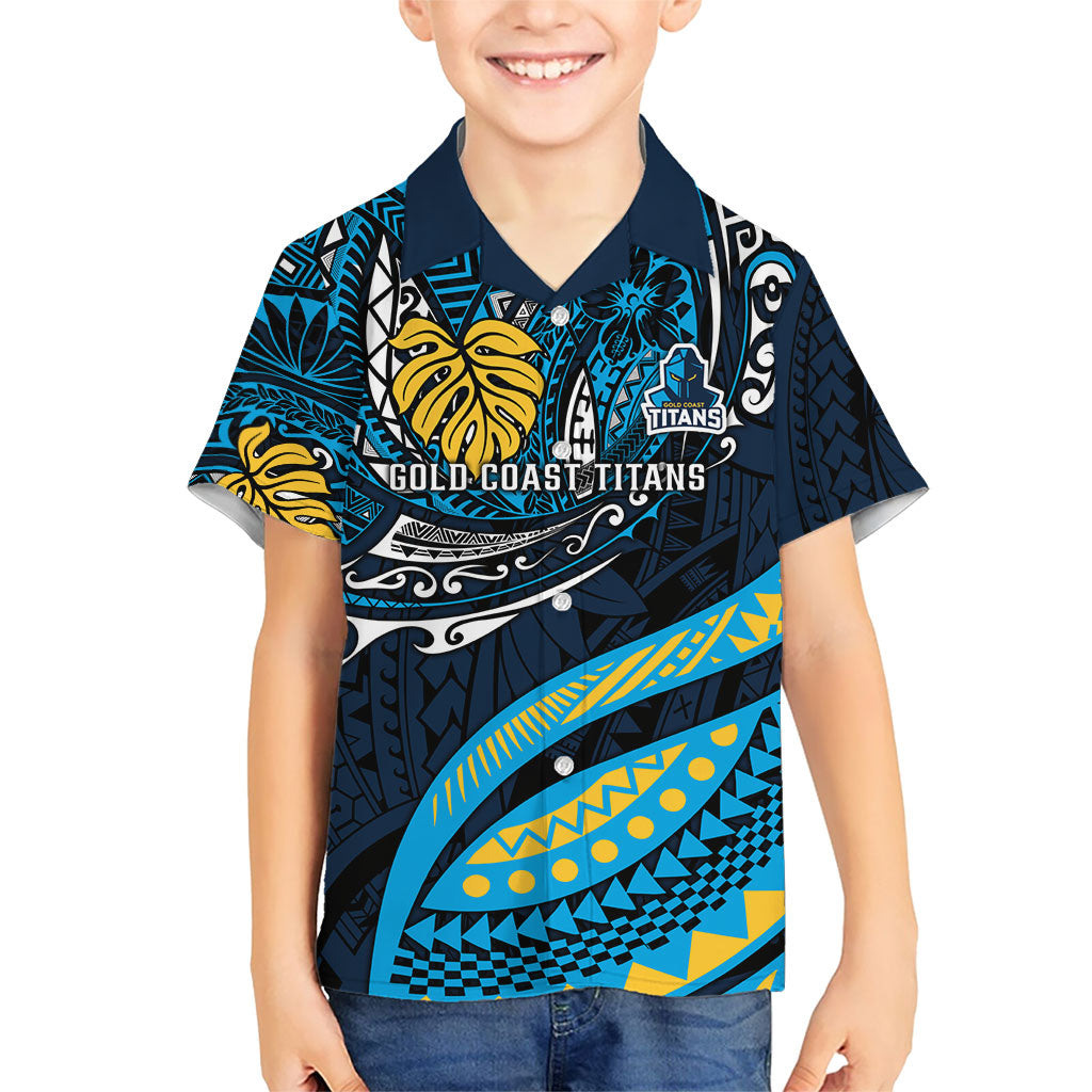 Personalised Gold Coast Titans Kid Hawaiian Shirt Polynesian Tribal Art Style With Spartan Titan Mascot