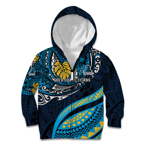Personalised Gold Coast Titans Kid Hoodie Polynesian Tribal Art Style With Spartan Titan Mascot