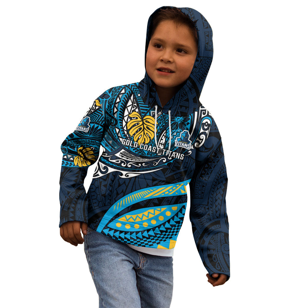 Personalised Gold Coast Titans Kid Hoodie Polynesian Tribal Art Style With Spartan Titan Mascot