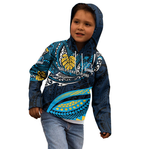 Personalised Gold Coast Titans Kid Hoodie Polynesian Tribal Art Style With Spartan Titan Mascot