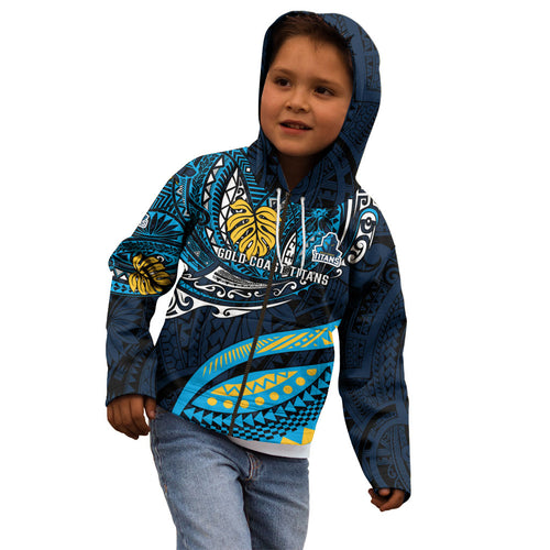 Personalised Gold Coast Titans Kid Hoodie Polynesian Tribal Art Style With Spartan Titan Mascot