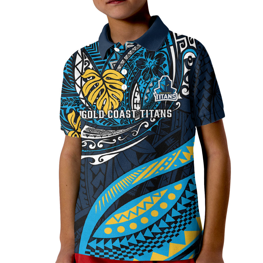 Personalised Gold Coast Titans Kid Polo Shirt Polynesian Tribal Art Style With Spartan Titan Mascot