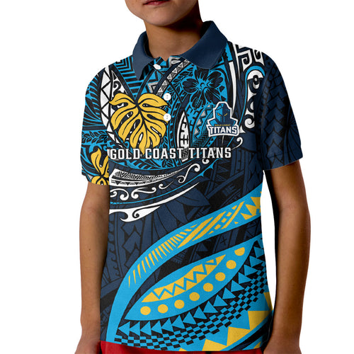 Personalised Gold Coast Titans Kid Polo Shirt Polynesian Tribal Art Style With Spartan Titan Mascot