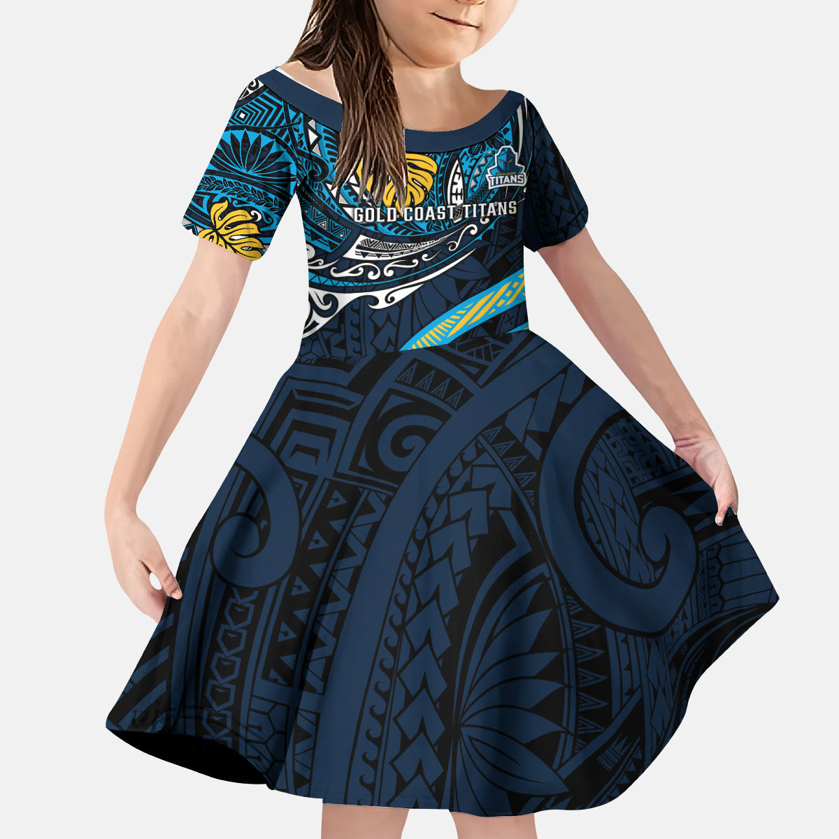 Personalised Gold Coast Titans Kid Short Sleeve Dress Polynesian Tribal Art Style With Spartan Titan Mascot