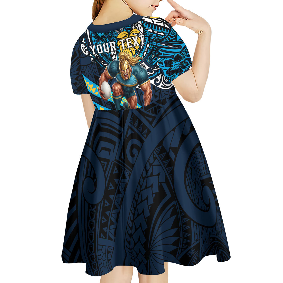 Personalised Gold Coast Titans Kid Short Sleeve Dress Polynesian Tribal Art Style With Spartan Titan Mascot