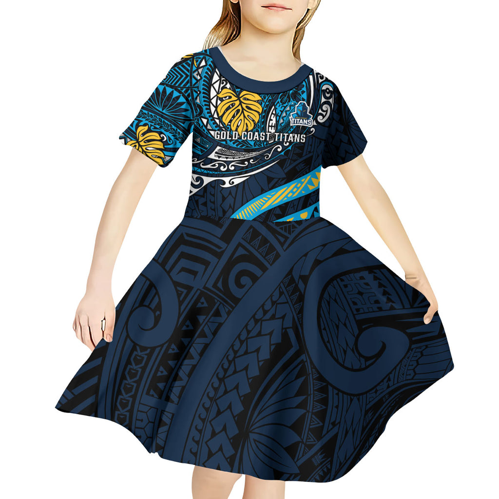 Personalised Gold Coast Titans Kid Short Sleeve Dress Polynesian Tribal Art Style With Spartan Titan Mascot