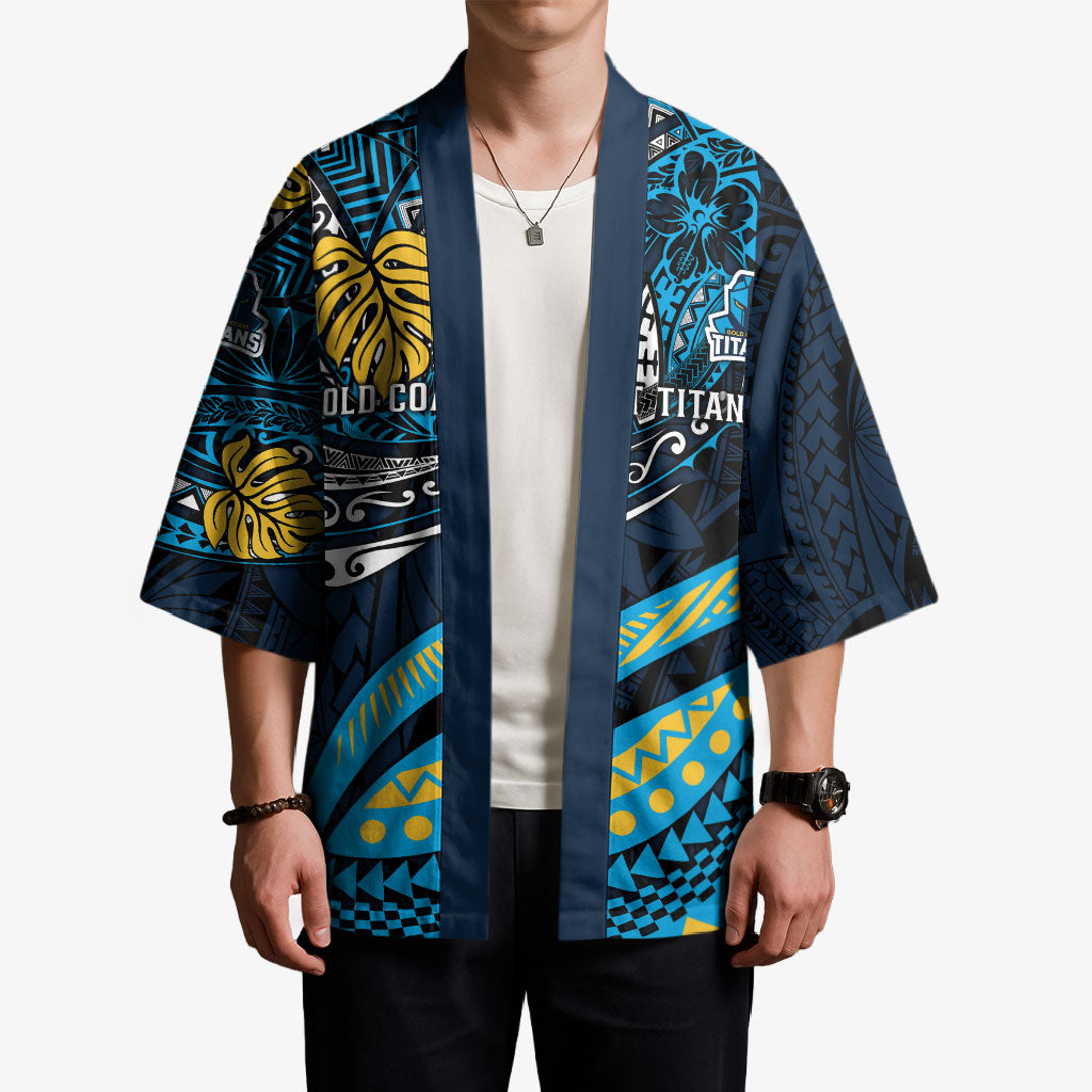 Personalised Gold Coast Titans Kimono Polynesian Tribal Art Style With Spartan Titan Mascot