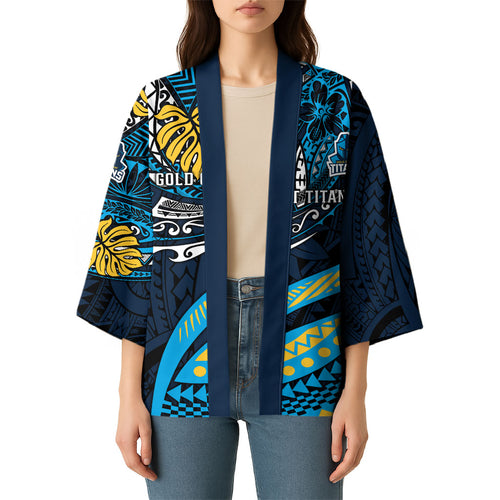 Personalised Gold Coast Titans Kimono Polynesian Tribal Art Style With Spartan Titan Mascot
