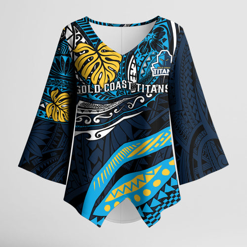 Personalised Gold Coast Titans Kimono Sleeve Blouse Polynesian Tribal Art Style With Spartan Titan Mascot