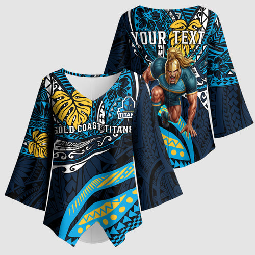 Personalised Gold Coast Titans Kimono Sleeve Blouse Polynesian Tribal Art Style With Spartan Titan Mascot