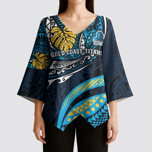Personalised Gold Coast Titans Kimono Sleeve Blouse Polynesian Tribal Art Style With Spartan Titan Mascot