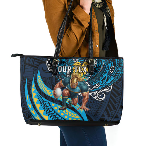 Personalised Gold Coast Titans Leather Tote Bag Polynesian Tribal Art Style With Spartan Titan Mascot