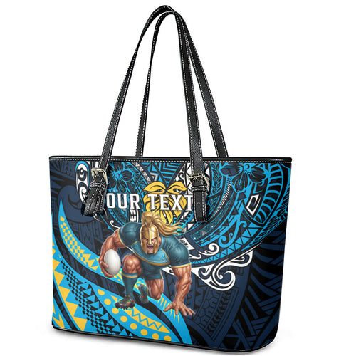 Personalised Gold Coast Titans Leather Tote Bag Polynesian Tribal Art Style With Spartan Titan Mascot