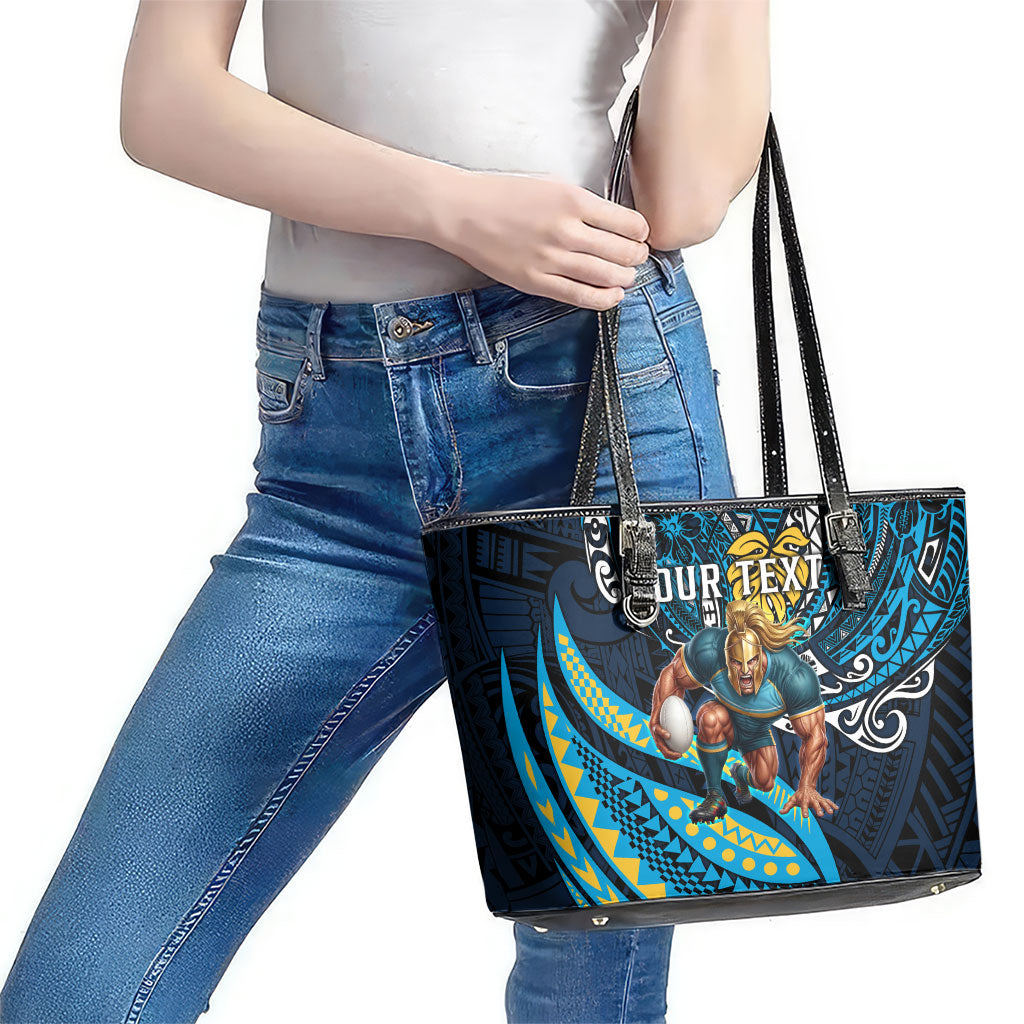 Personalised Gold Coast Titans Leather Tote Bag Polynesian Tribal Art Style With Spartan Titan Mascot