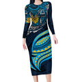 Personalised Gold Coast Titans Long Sleeve Bodycon Dress Polynesian Tribal Art Style With Spartan Titan Mascot