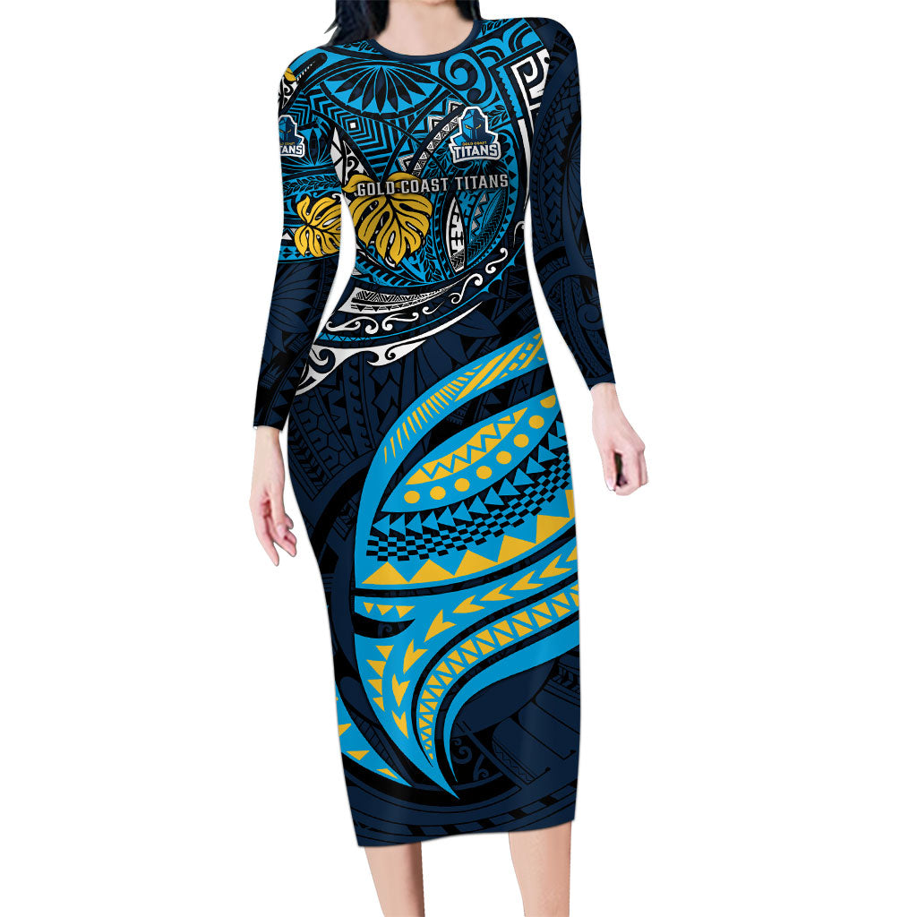 Personalised Gold Coast Titans Long Sleeve Bodycon Dress Polynesian Tribal Art Style With Spartan Titan Mascot