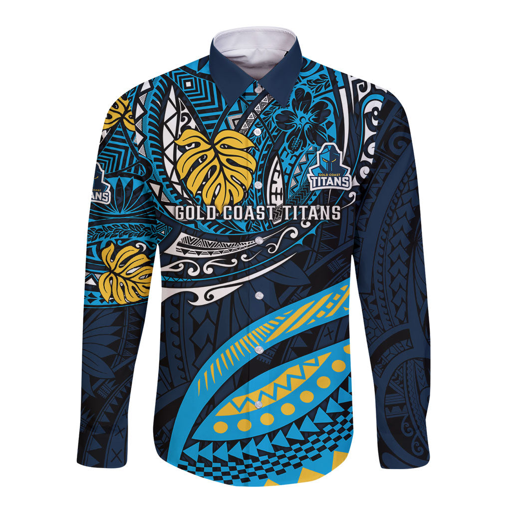 Personalised Gold Coast Titans Long Sleeve Button Shirt Polynesian Tribal Art Style With Spartan Titan Mascot